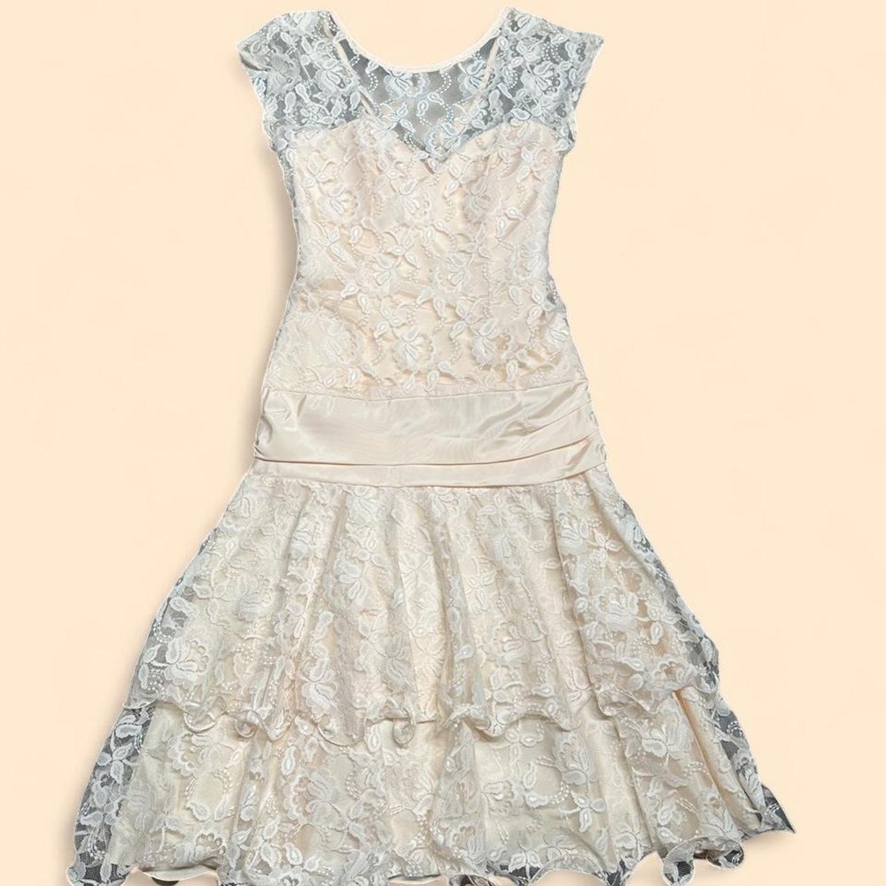 Vintage JCPenney Party Dress 5/6 Peach Lace Drop Waist Ruffle Coquette Dress